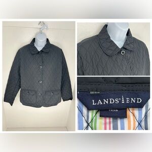 Lands End Quilted Black Jacket Size‎ Large Lightweight Thermolite Striped Lining